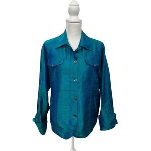 VTG ANU by Natural Silk Jacket XL Teal Blue Iridescent Shantung Top Art To Wear